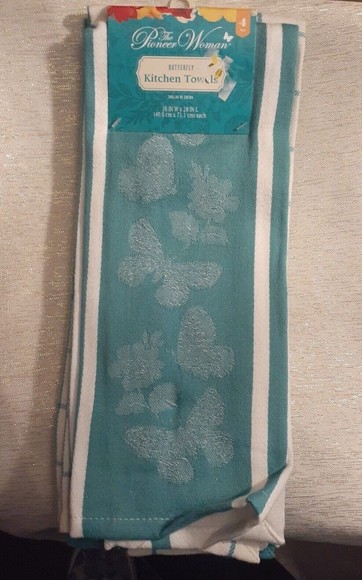 The Pioneer Woman Butterfly Kitchen Towels 4 Pack Teal Blue White 16" x 28"